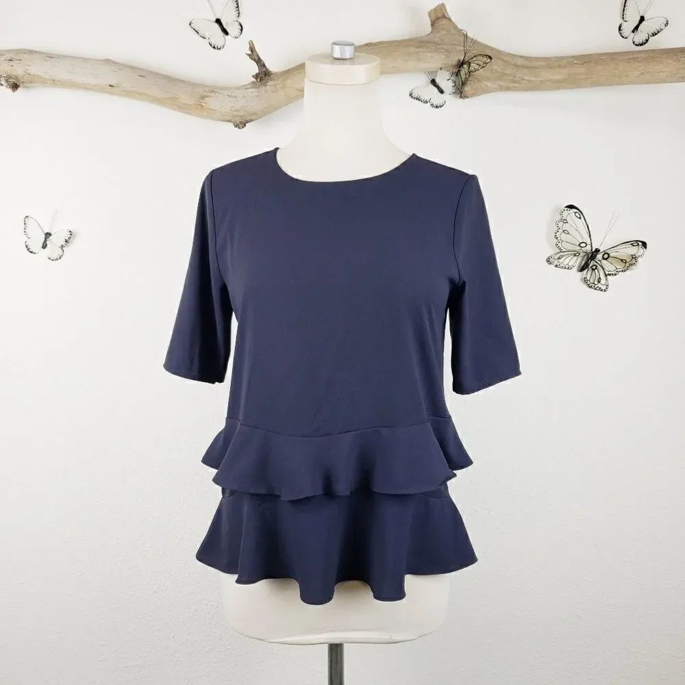 Ann Taylor heavy navy raffle hem blouse